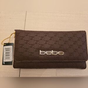 Bebe Embossed Jeremy Trifold Chocolate Brown Wristlet Wallet, New with Tags!